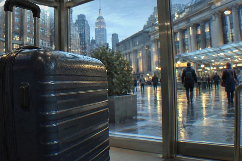 Exterior of Moynihan Train Hall on 8th Avenue with the entrance canopy lit at dusk