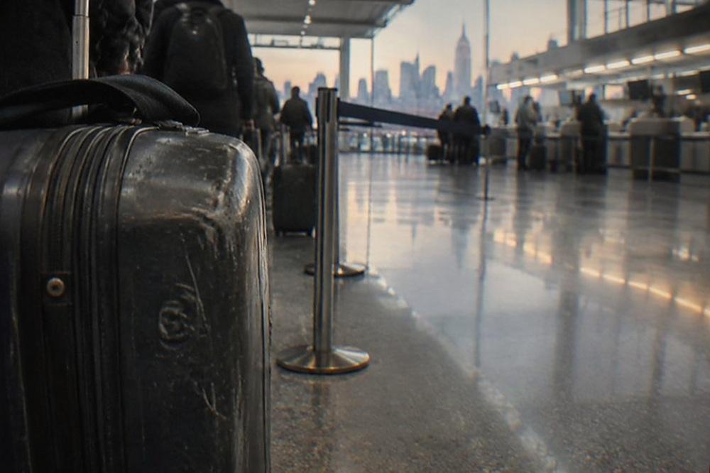 Airline check-in counters in a JFK terminal with a quiet queue area and departure boards overhead