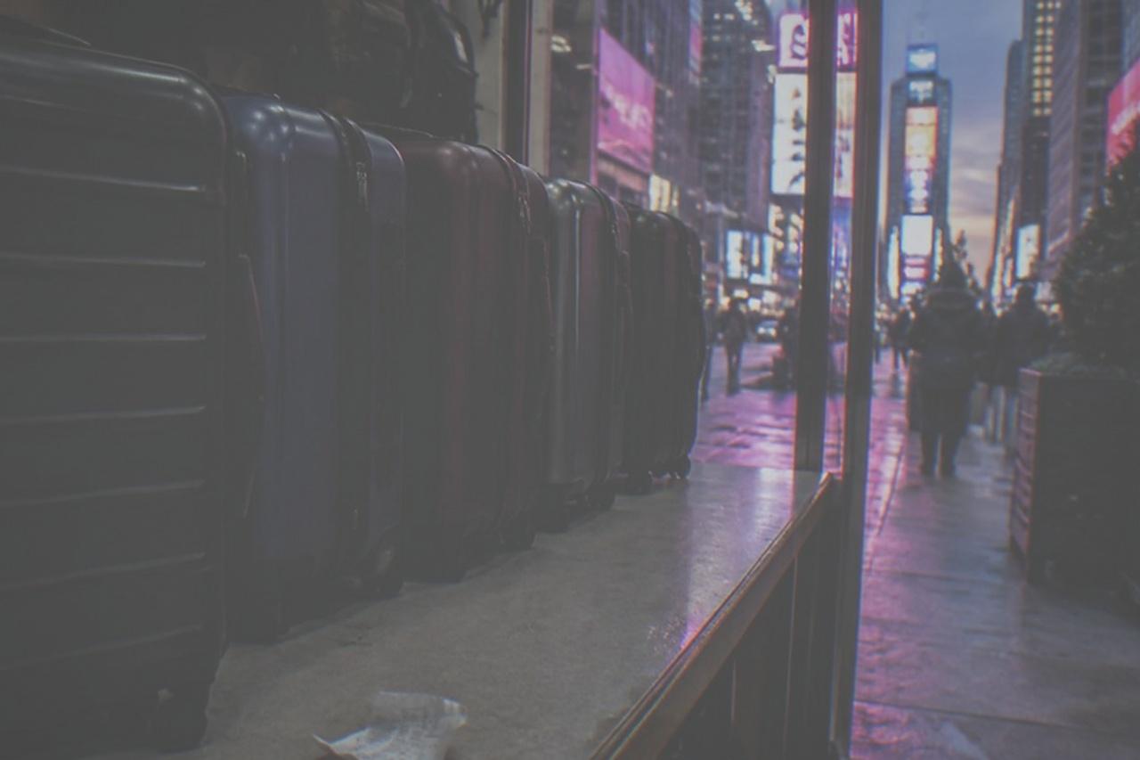 Suitcases lined up inside a small New York shop counter