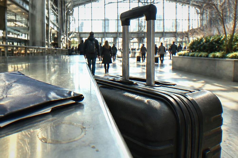 A train hall concourse with a suitcase resting beside a service counter