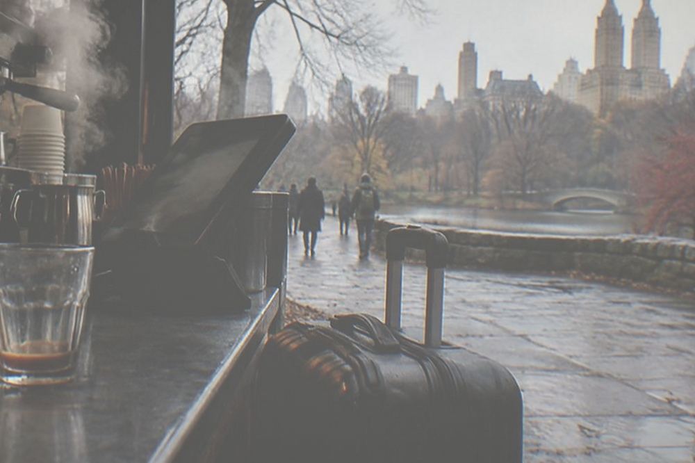 A cafe counter in New York with a suitcase parked beside the register and a barista working behind it.