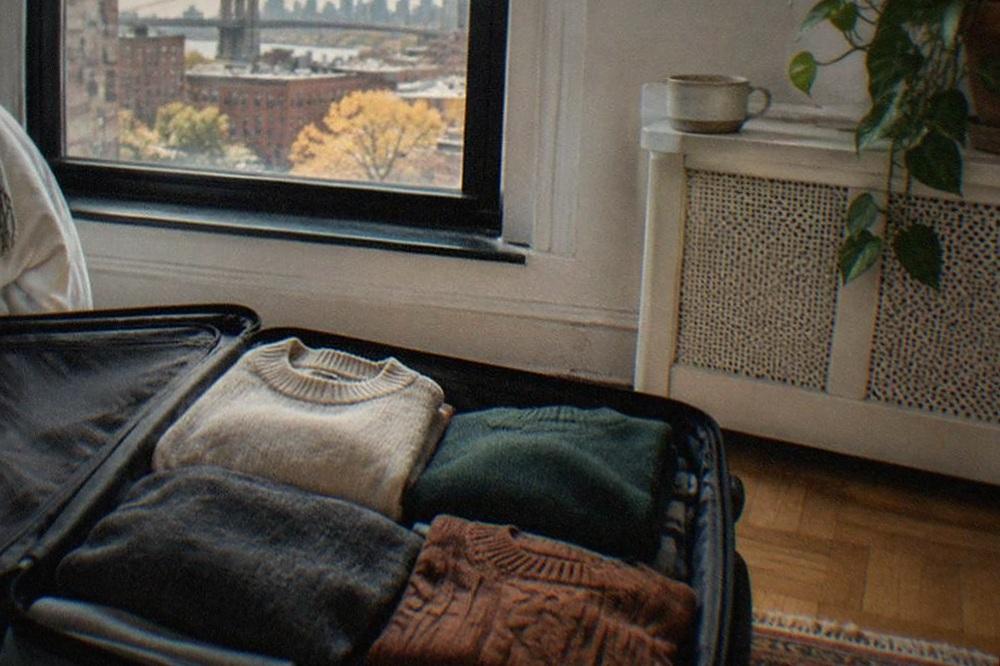 An open suitcase on a wooden floor with folded clothes visible and no electronic devices